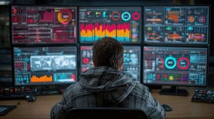 A network security engineer monitors real-time system activity on a digital dashboard, ensuring data protection is active
