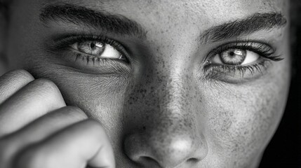 Fototapeta premium An artistic black and white close-up of a woman's face, focusing on her expressive eyes and freckled skin. The woman is resting her face on her hand.