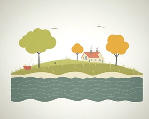 A simple illustration depicting a house and island on water