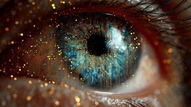 Close up of Human Eye with Circuit Board Overlay, Futuristic Technology Concept, Macro Shot, Artificial Intelligence and Machine Learning