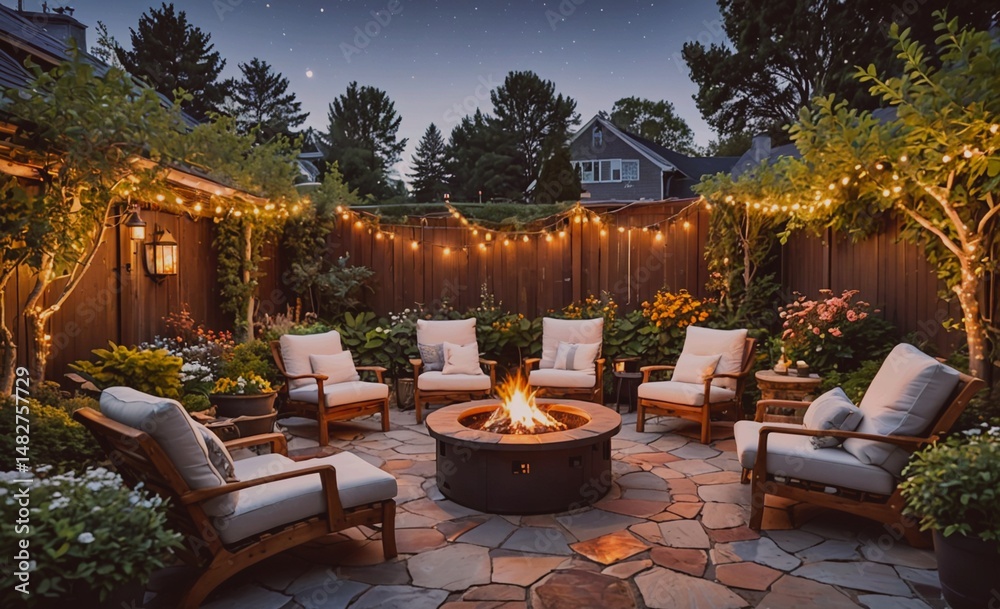 Poster backyard with a fire pit surrounded by chairs and a fence. the fire pit is lit and the chairs are ar