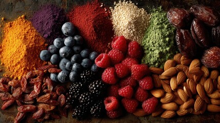 A variety of vibrant superfoods such as fresh fruits, berries, nuts, and seeds laid out for a nutritious diet.