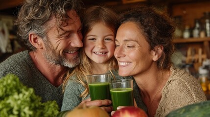 A laughing family sipping green smoothies together, celebrating health in their cozy kitchen.