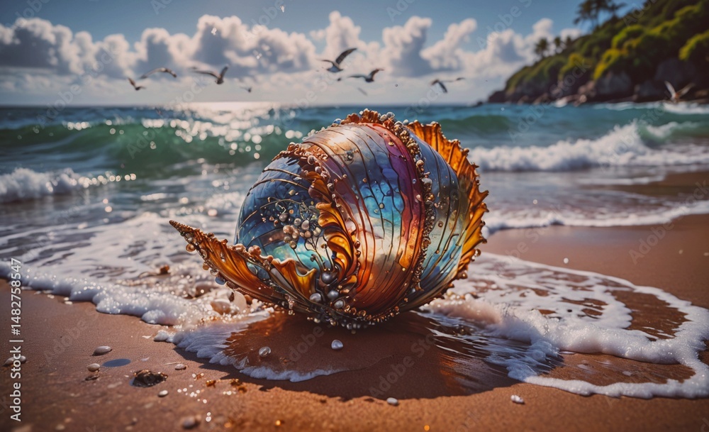 Aufkleber large, colorful shell is laying on the beach. the shell is surrounded by water and the sky. the scen