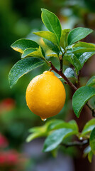 Vibrant lemon water droplets cling to leaves