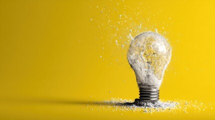 Exploding Lightbulb on Yellow Background Close Up Studio Shot Idea Concept Creative Destruction Innovation