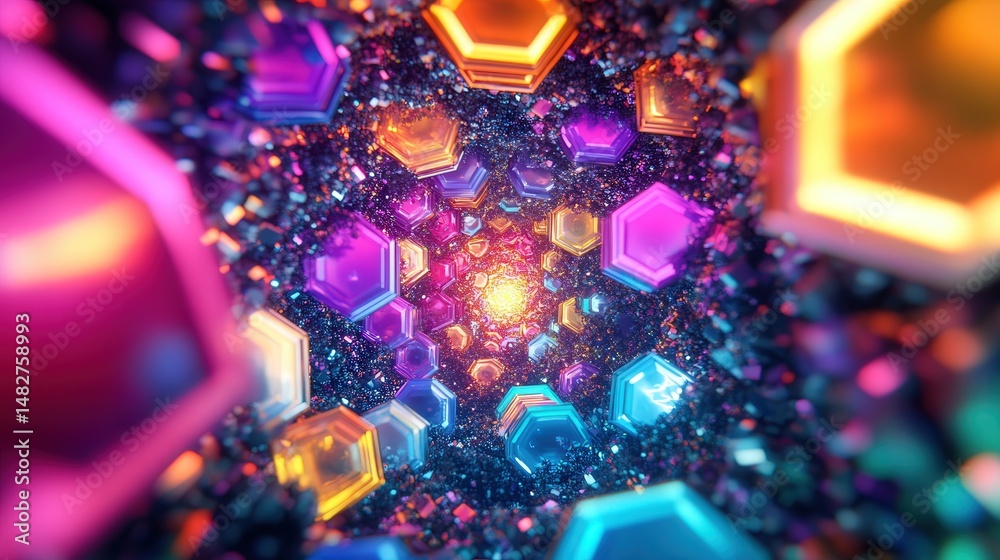 Aufkleber abstract hexagonal shapes forming a tunnel, with bright colors pulsating and shifting as the viewer eye follows the pattern.
