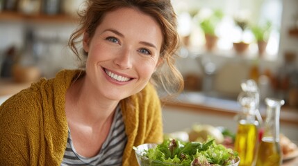 A woman joyfully eating a healthy salad in a bright kitchen, embracing a balanced, nutritious diet.