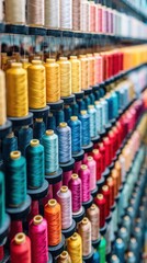 Colorful Spools of Thread on Display in a Textile Factory Close-up Shot of Rows of Vibrant Sewing Threads for Manufacturing and Craft Projects