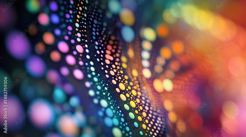 Poster rotating colored dots, with each dot slowly transitioning through different shades of the rainbow, c