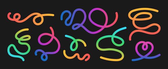 Set of abstract colorful swirl and loop lines with smooth rainbow gradients on a dark background. Modern long fluid wavy lines.