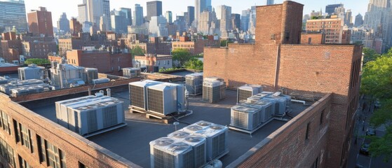 Rooftop HVAC Units in Urban Setting with City Skyline in Background, High Angle View, New York City, USA