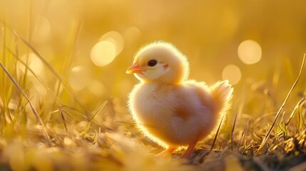 chick moving through the tall grass of the farm, with the golden sunlight casting long shadows and highlighting its soft yellow feathers.