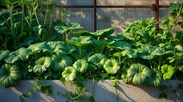 Vines of pumpkin on a tub