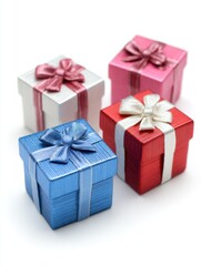 Obraz premium Four Colorful Gift Boxes with Ribbons on White Background Close Up Studio Shot Celebration Holiday Present