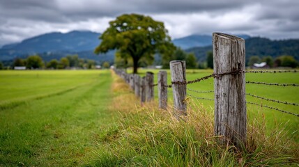 Weathered fence guides to a distant tree