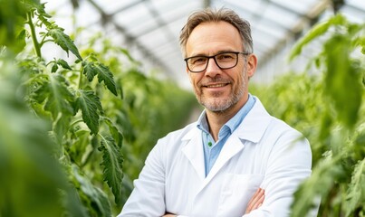 A smiling male scientist in a greenhouse, surrounded by lush tomato plants, working with passion and expertise.