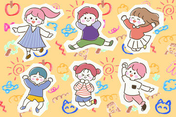 ジャンプする子どもたち　ポップ　落書き風背景　横