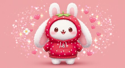 Adorable bunny in strawberry hoodie with hearts and sparkles background