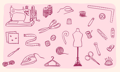 sewing tools cute doodle sketch illustration set