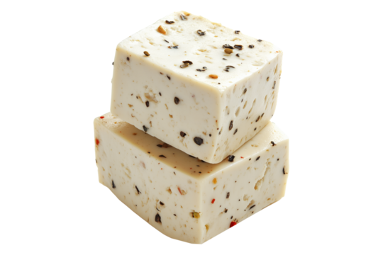 Cubes of seasoned tofu with visible herbs and spices, arranged in stack isolated on white transparent background, concept of healthy vegetarian protein option