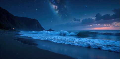 Naklejka premium Dark ocean waves crash on Rialto Beach's shore under starry sky , travel, picture, dark