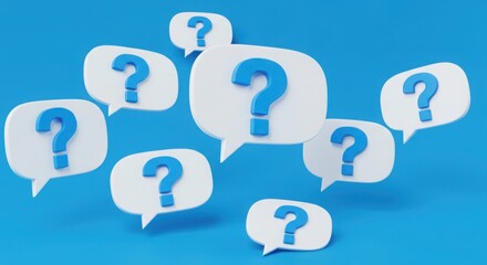 Several white speech bubbles with blue question marks on a blue background