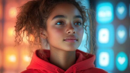Portrait of a Young Woman with Curly Hair, Wearing a Red Hoodie Against a Neon Background