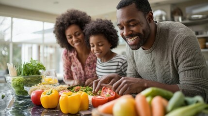 A happy family is enjoying a healthy meal preparation together, laughing and smiling while making a fresh, colorful salad. The scene shows togetherness.