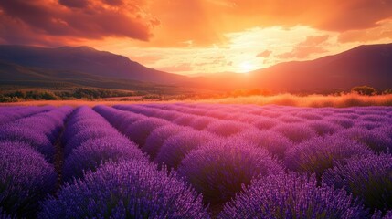 Fototapeta premium lavender field under a fiery orange sunset, with the glow reflecting on the flowers and adding warmth to the scene.