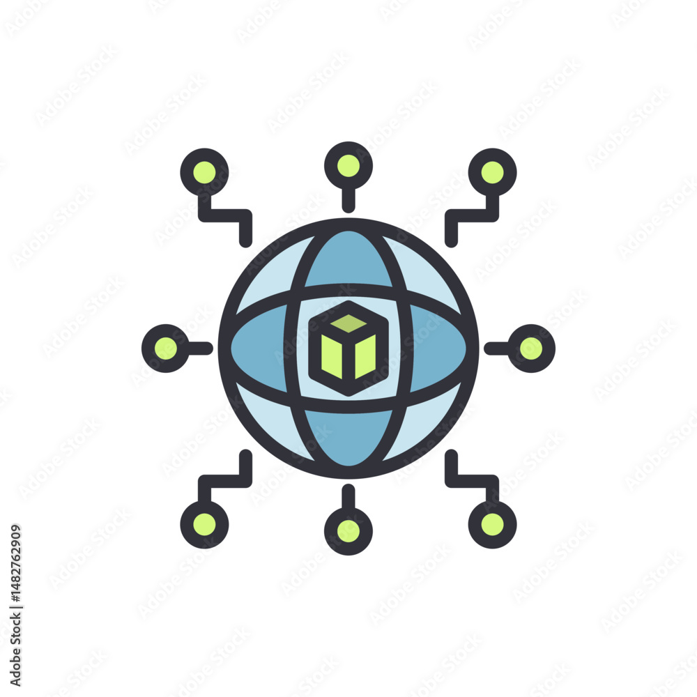 Poster global network connecting data with cube on transparent background