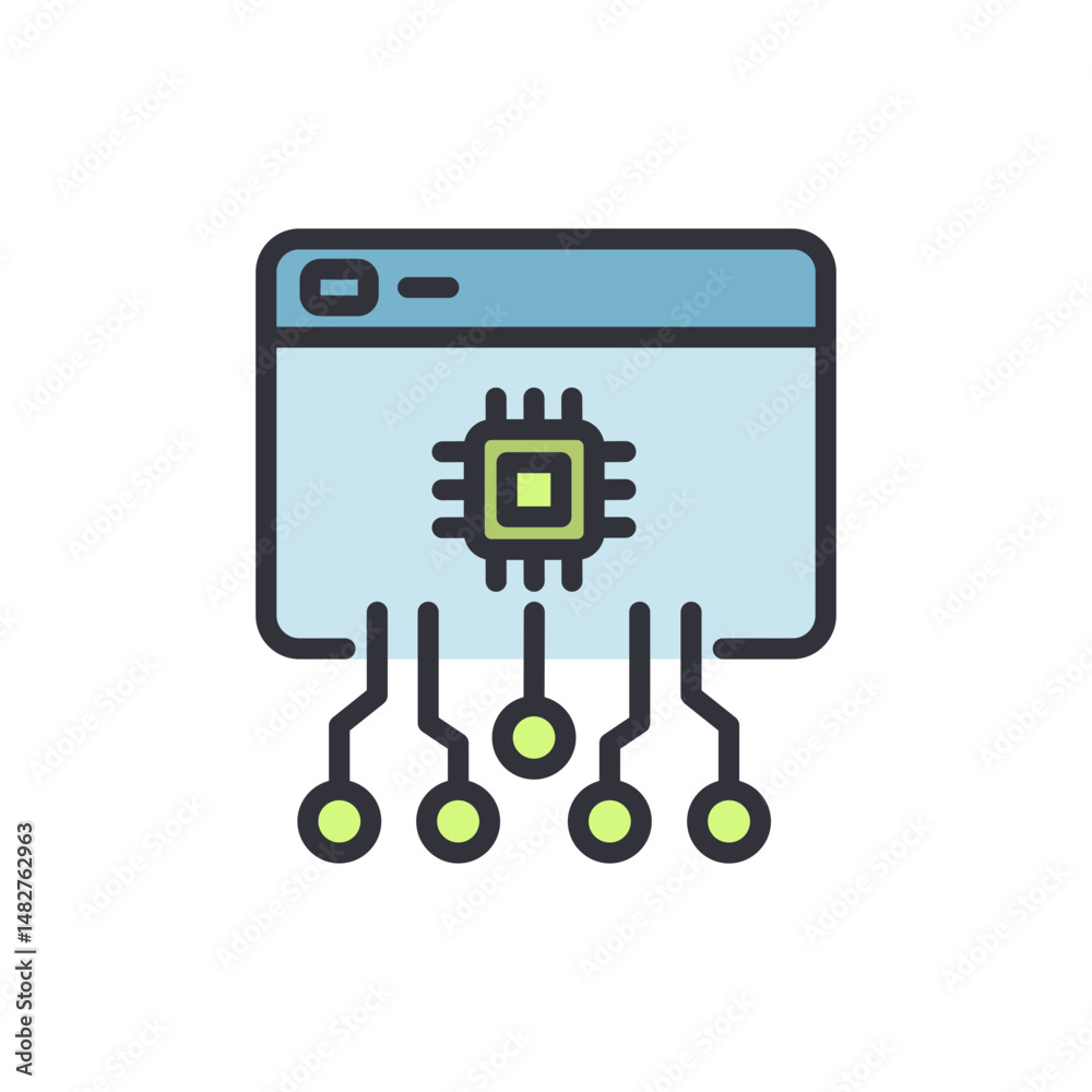 Poster stylized representation of web interface with central microchip graphic