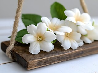 Fototapeta premium White flowers resting on a small rustic wooden swing