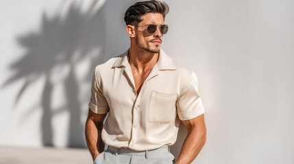 Obraz premium A handsome man in sunglasses poses outdoors near a white wall, casting a stylish shadow.