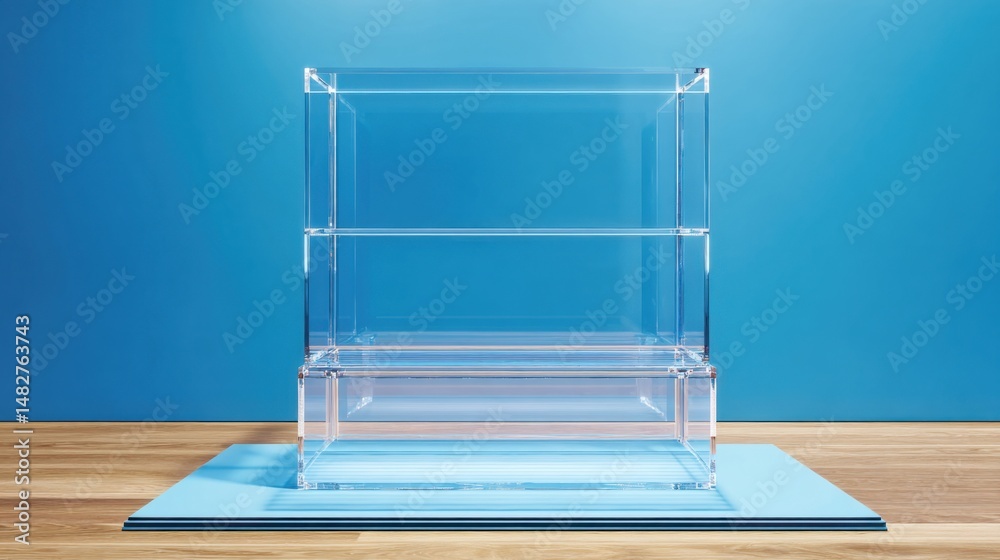 Poster minimalist clear acrylic display case on blue platform against blue backdrop studio shot product sho