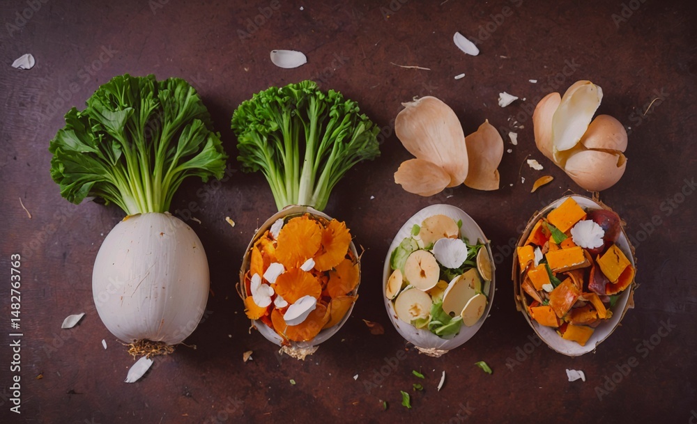 Aufkleber Four bowls of food with vegetables and one with an egg. The bowls are arranged in a row on a table