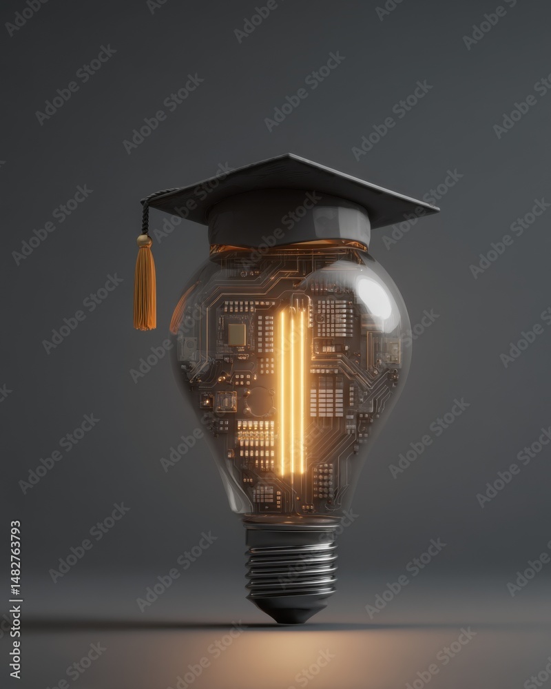 Poster Lightbulb with circuit board and graduation cap on gray background studio shot concept of smart technology education