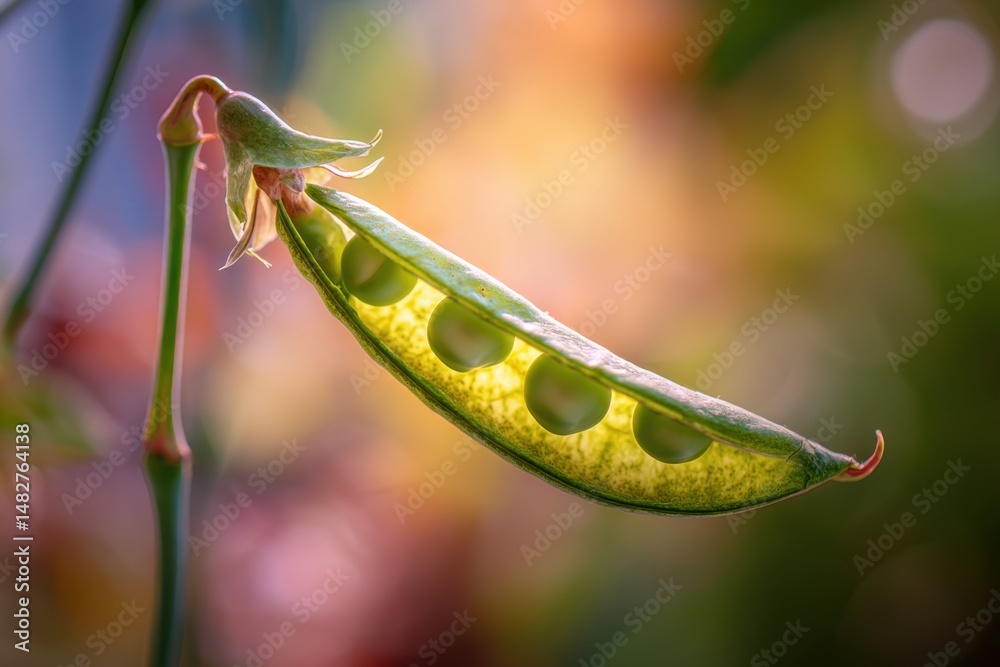 Poster close-up of a green pea pod with peas inside on a vine in a garden, macro shot, bright and colorful
