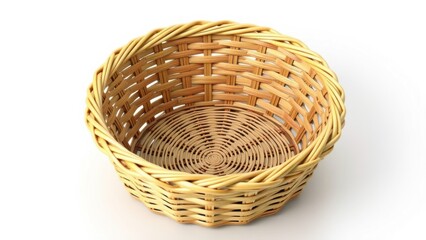 Fototapeta premium A round, empty woven wicker basket with a braided rim sits on a white background.