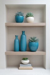 Interior Design Still Life of Shelves with Succulents, Vases, and Books in a Modern Home, Eye Level Shot