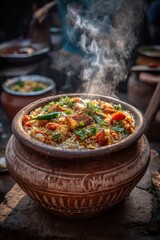 Steaming Chicken Biryani in Clay Pot Close Up Delicious Indian Cuisine Outdoor Cooking Traditional Dish Food Photography
