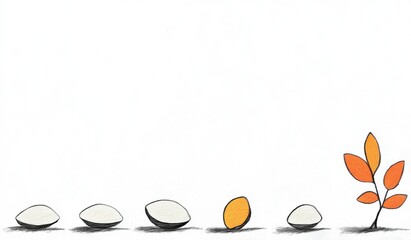 Illustration of a plant growing from a seed, with autumn leaves and stones in a minimalist style. Simple, nature themed art.