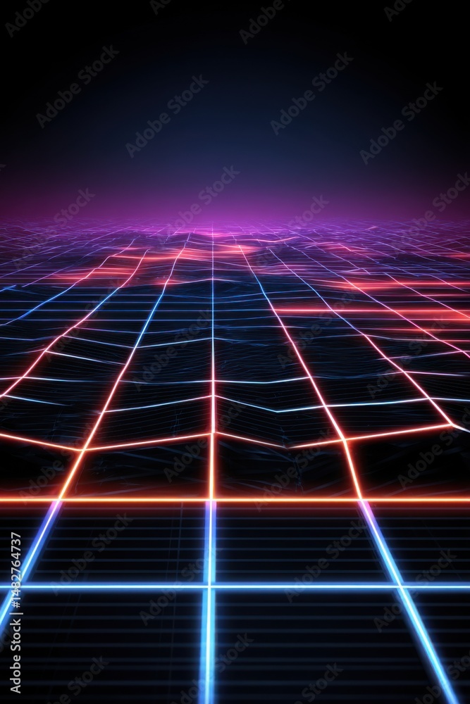 Poster Retro Synthwave Grid Landscape Perspective with Neon Lines and Glowing Horizon in 80s Style Design