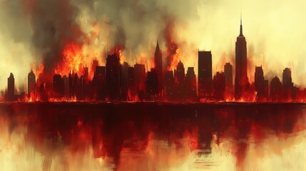 Obraz premium Urban skyline engulfed in flames with dramatic smoke in apocalyptic scene at dusk