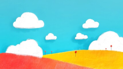 Bright, playful landscape illustration featuring stylized hills in shades of red and yellow under a vibrant blue sky with fluffy white clouds. Simple, minimalist style.