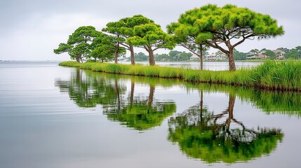 Lush Green Trees Reflected in a Calm Lake Under an Overcast Sky