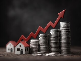 Real Estate Investment Growth: Rising Home Values and Increasing Wealth Represented by Coins and Upward Arrow