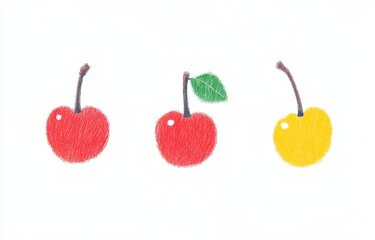 Three colorful cherries in a pointillist style against a plain background. Two cherries are depicted in red and yellow, while one is illustrated in yellow and red, and one has a green leaf.