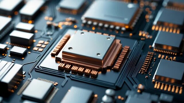 Microchips and circuit board in focus, showcasing computer microchips' intricate design and technology.