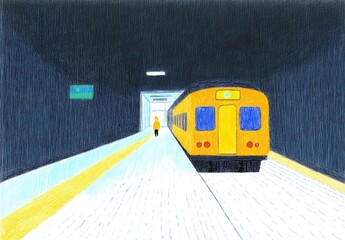 A yellow train arriving at a subway station platform. The scene is depicted in a stylized manner, with a textured, pointillist style. The platform is light colored, with yellow lines. 